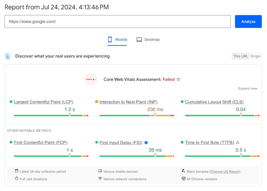 Google.com field data showing the origin fails