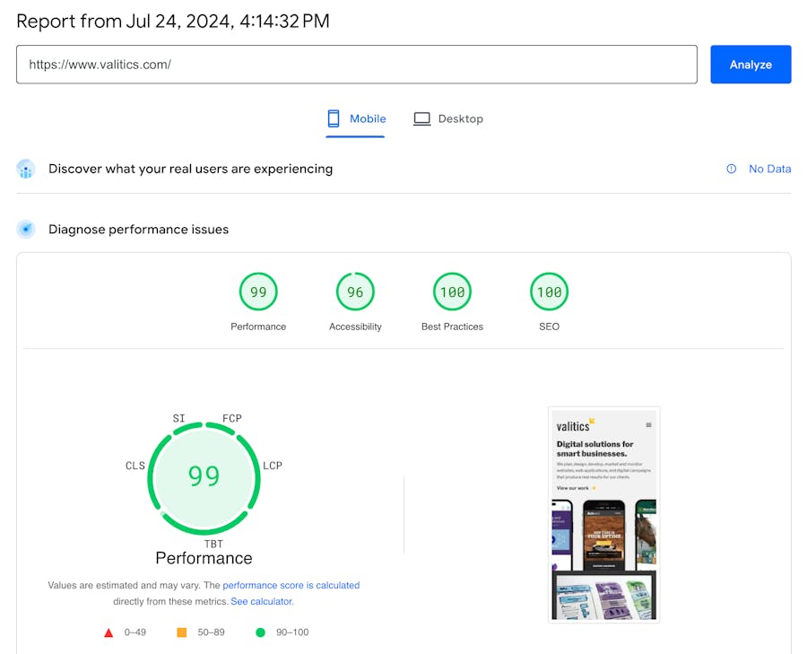 Lab data showing valitics.com passing Core Web Vitals