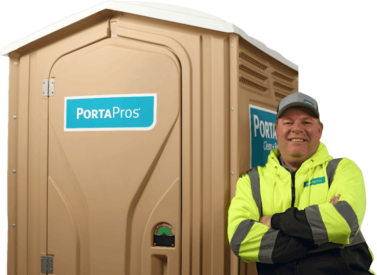 Man by porta potty